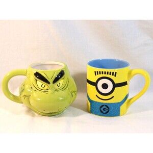Cartoon Coffee Mugs Lot Grinch Minion Cute Each Cup Is 11 Oz. Set Of 2 Preowned